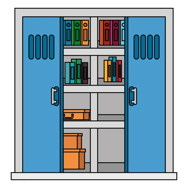 Office shelving with pile text books library — Stock Vector