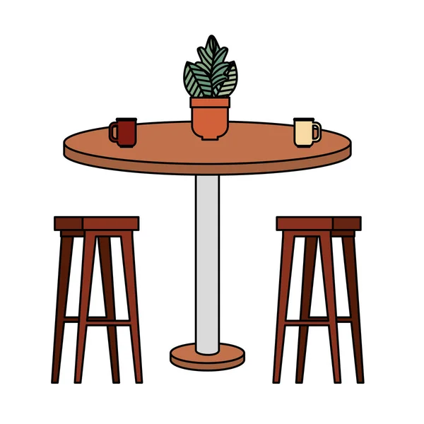 Benchs de madeira com mesa e planta de sala — Vetor de Stock
