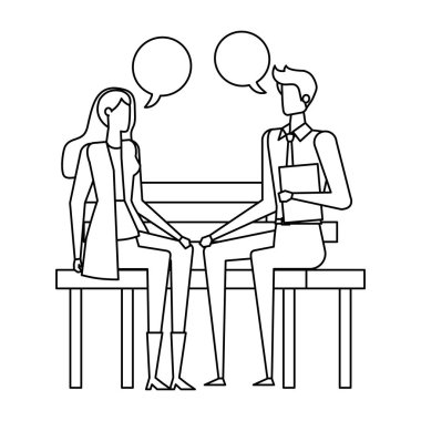 iş çift konuşma kabarcıkları ile park sandalyede oturan