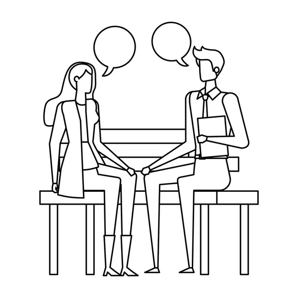 Ζευγάρι επιχειρήσεων που κάθονται στην καρέκλα πάρκο με φυσαλίδες ομιλίας — Διανυσματικό Αρχείο