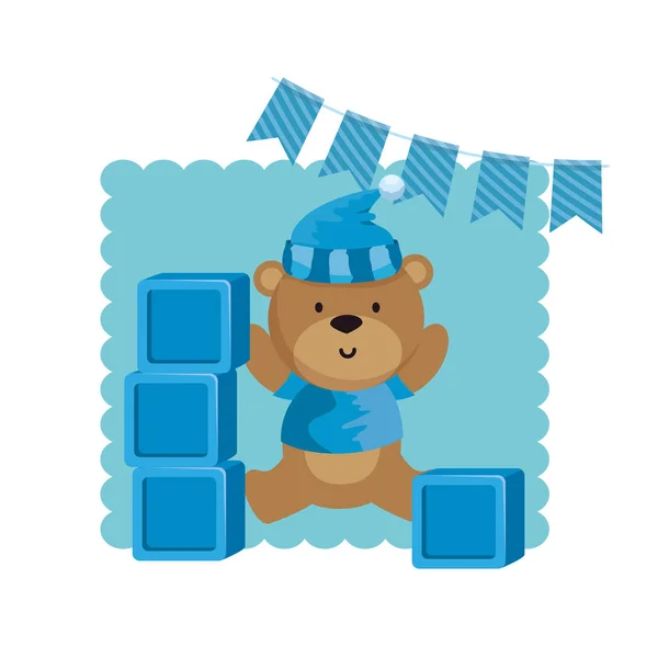 Baby shower card with bear teddy and blocks — Stockvector