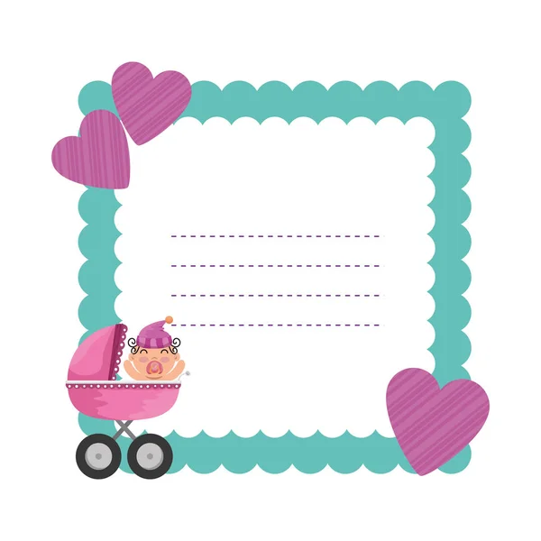 Tarjeta de ducha de bebé con pequeño recién nacido en el carrito — Vector de stock