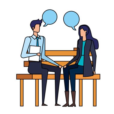 iş çift konuşma kabarcıkları ile park sandalyede oturan