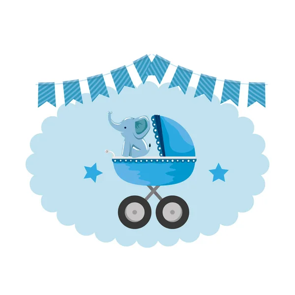 Baby shower card with little elephant in cart — Stock Vector