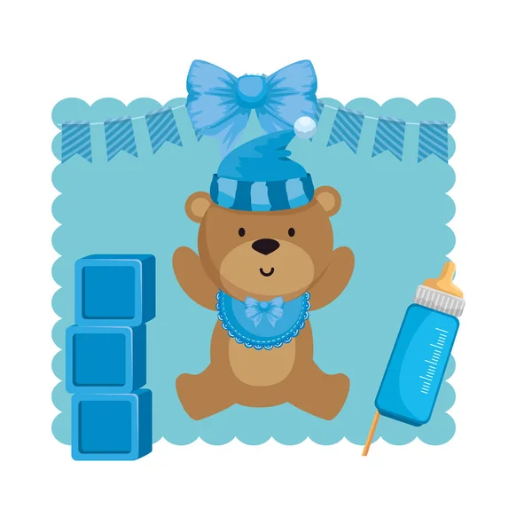 Baby shower card with bear teddy and milk bottle — Stock Vector