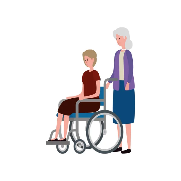 Söt mormor med dotter i rullstol — Stock vektor