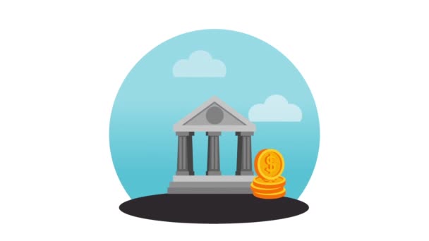 优雅的商人与银行大厦和硬币 — 图库视频影像
