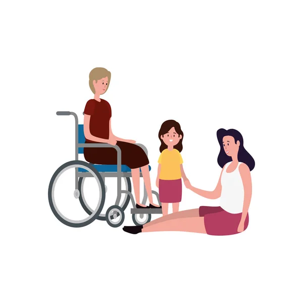 Abuela en silla de ruedas con hija y nieta — Vector de stock