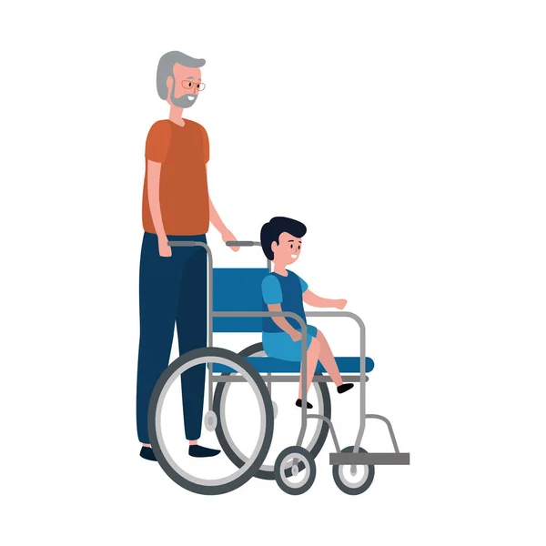 Lindo abuelo con nieto en silla de ruedas — Vector de stock
