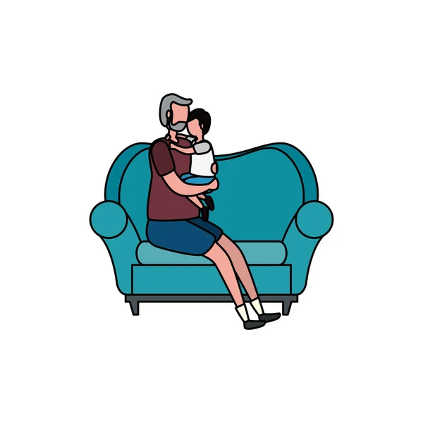 Cute grandfather with grandson in the sofa — Stock Vector