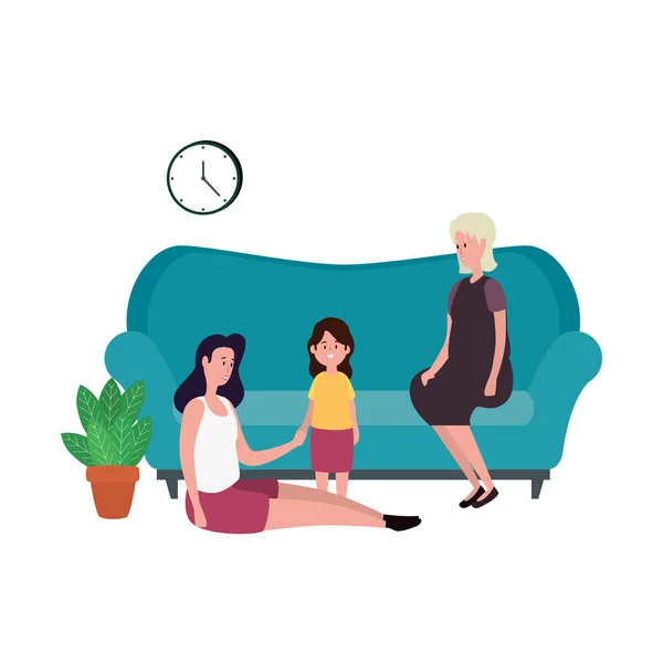 Mignons grand-mères avec petite-fille dans les personnages du canapé — Image vectorielle