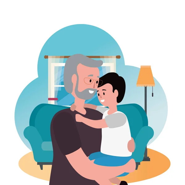 Mignon grand-père avec petit-fils dans le canapé — Image vectorielle