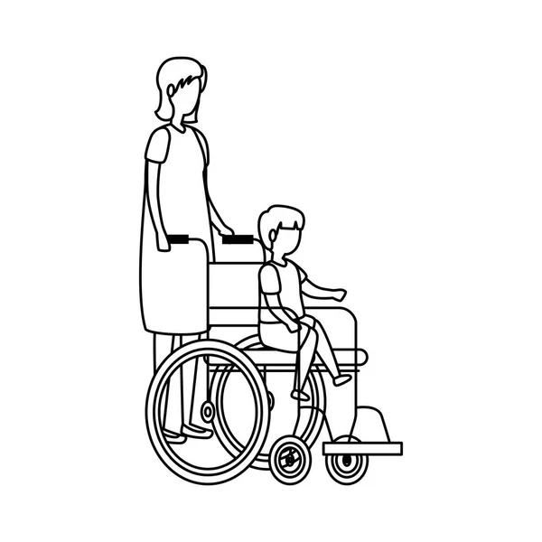 Mignon grand-mère avec petit-fils en fauteuil roulant — Image vectorielle