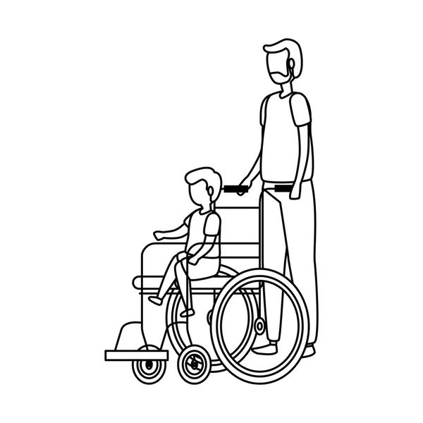 Mignon grand-père avec petit-fils en fauteuil roulant — Image vectorielle