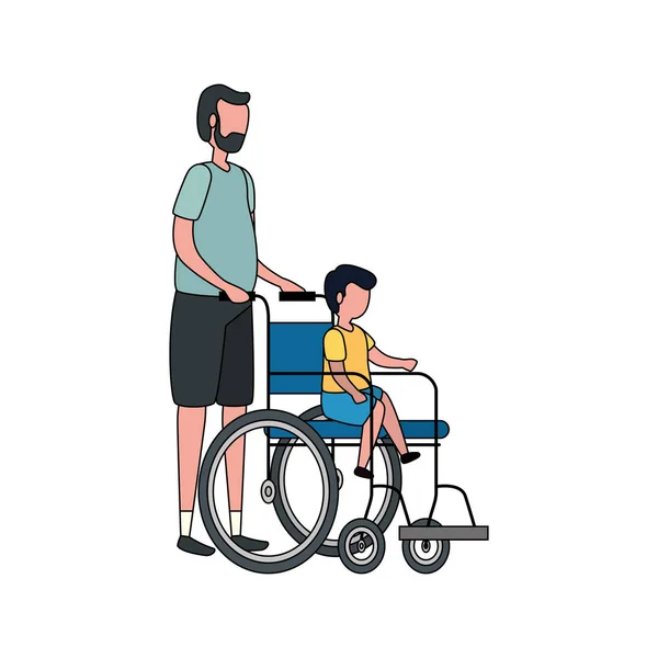 Cute grandfather with grandson in wheelchair — Stock Vector
