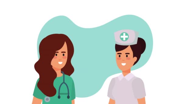 Professionell sjuksköterska och doktor kvinnliga karaktärer animation — Stockvideo