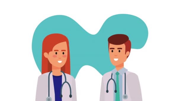 Profesional pareja médicos personajes médicos animación — Vídeo de stock