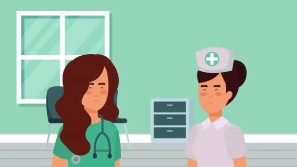 Profesional enfermera y médico personajes femeninos animación — Vídeo de stock