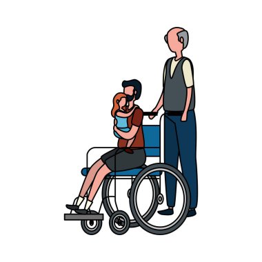 tekerlekli sandalyede oğlu ve torunu ile sevimli dedesi