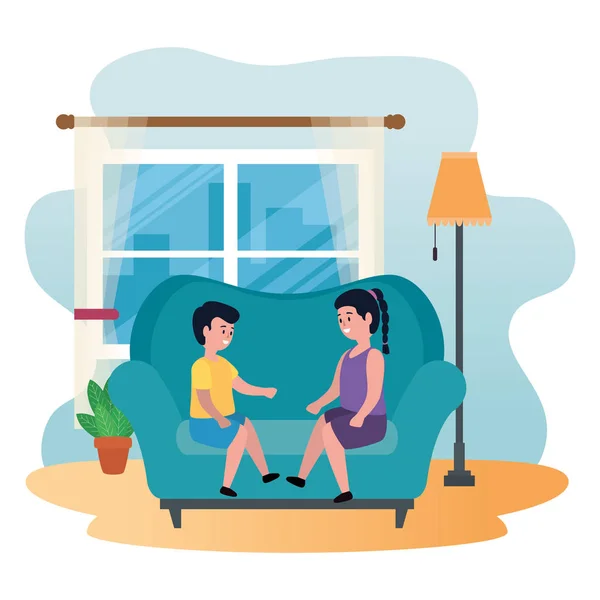 Petits enfants couple assis dans le canapé — Image vectorielle