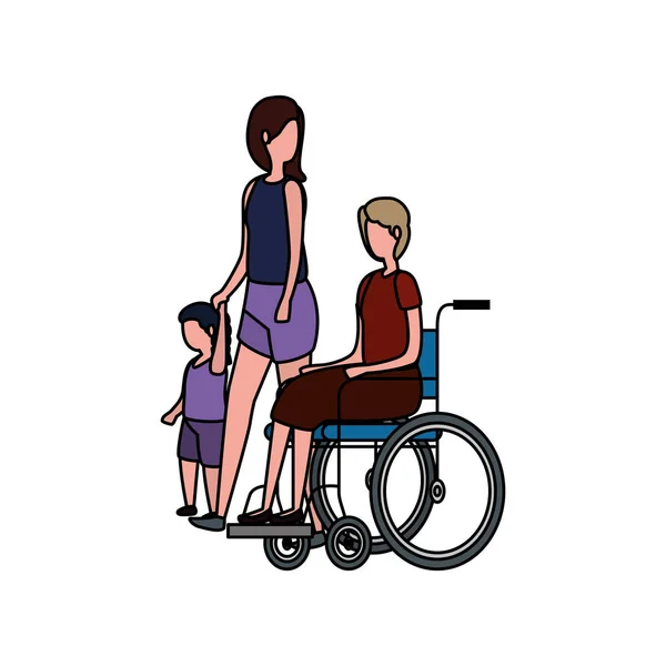 Grand-mère en fauteuil roulant avec fille et petite-fille — Image vectorielle