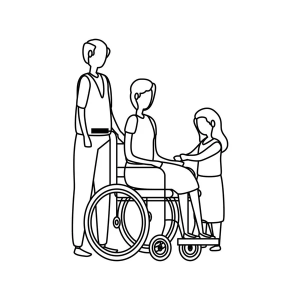 Mignon couple de grands-parents en fauteuil roulant avec petite-fille — Image vectorielle