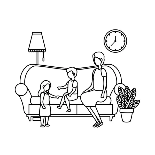 Mignonne grand-mère avec des enfants dans les personnages du canapé — Image vectorielle