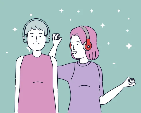 Ευτυχισμένο αγόρι και κορίτσι με την τεχνολογία των ακουστικών — Διανυσματικό Αρχείο