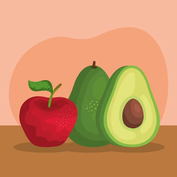 Delicious apple with avocado fruits nutritions — Stock Vector