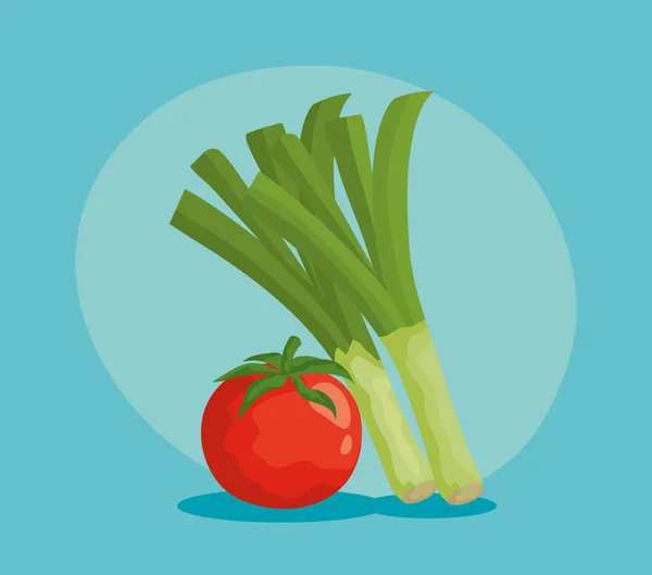 Свіжі помідори та зелені цибулеві овочі та здорове харчування — стоковий вектор