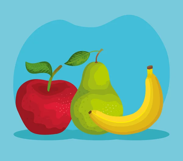 Manzana deliciosa con frutas de pera y plátano — Vector de stock