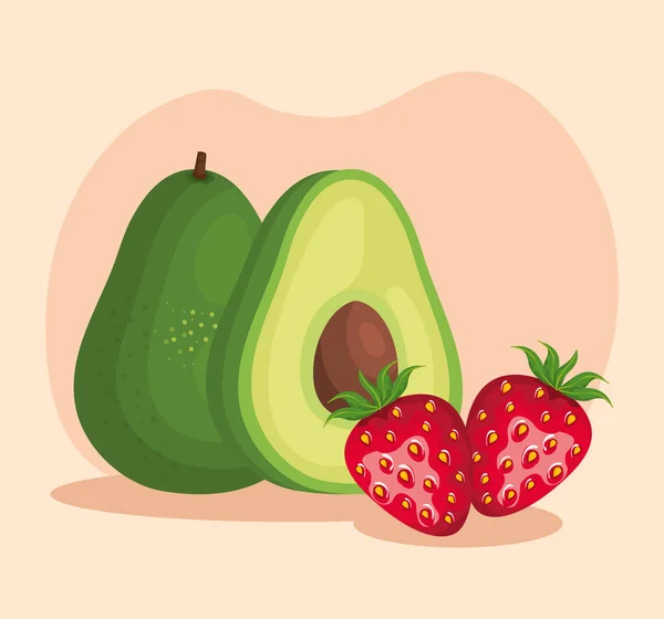 Delicious avocado and strawberry fruits with leaves — Stock Vector