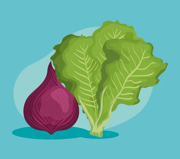 Свежий лук и овощи салат питания — стоковый вектор