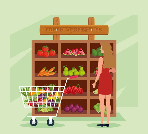 Kundin im Naturladen mit Gemüse und Obst — Stockvektor