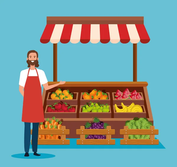 Salesman with apron and healthy vegetables and fruits — Stock Vector