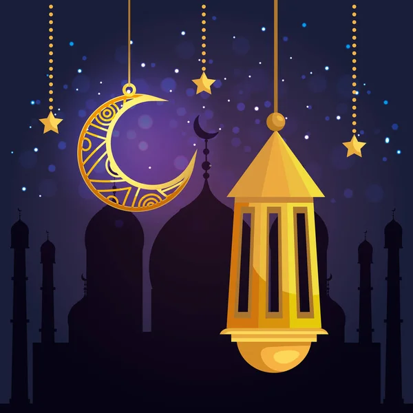 Lua tradicional com estrelas e lâmpada pendurada — Vetor de Stock