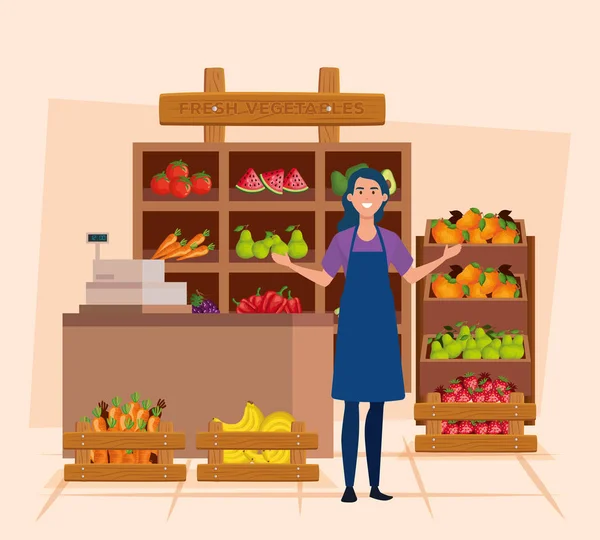 Продавщица фартука и свежих овощей и фруктов — стоковый вектор