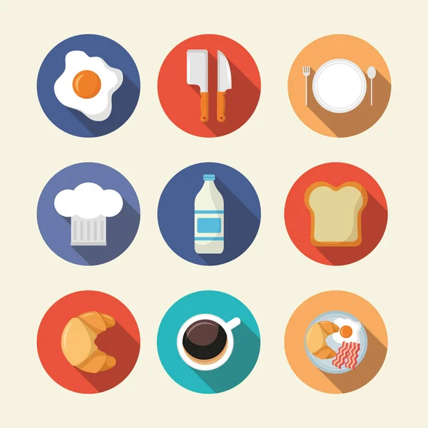 Ontbijt koken icons plat ontwerp — Stockvector