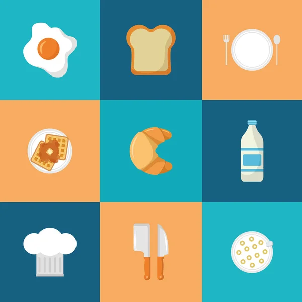 Iconos de cocina de desayuno diseño plano — Vector de stock