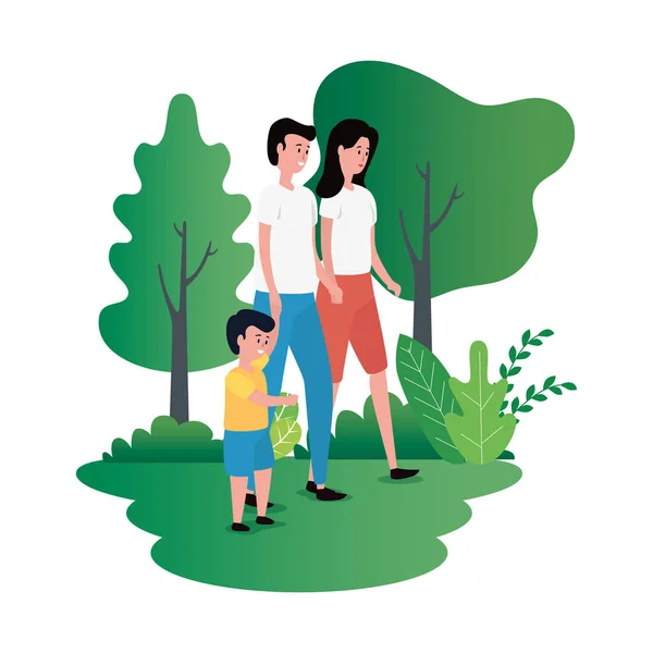 Park karakterleri üzerinde küçük oğlu ile anne çift — Stok Vektör