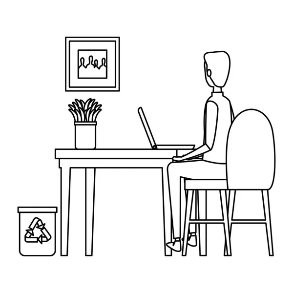 Muž v kanceláři na pracovní scéně s laptopem — Stockový vektor