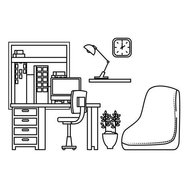 Irodai munkahelyi jelenet asztali számítógéppel — Stock Vector