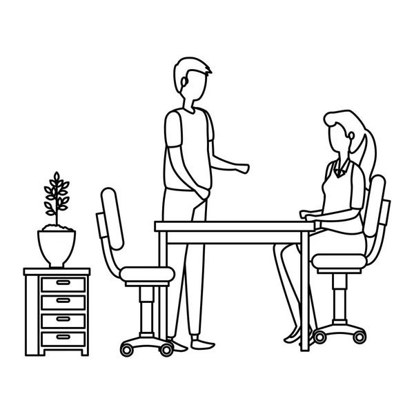 Пара в офісі на робочому місці іконки сцени — стоковий вектор