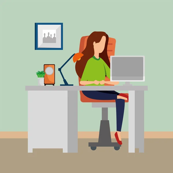 Donna in ufficio scena sul posto di lavoro con desktop — Vettoriale Stock