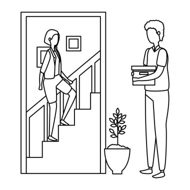 kadın ev yerinde merdiven tırmanma ile adam