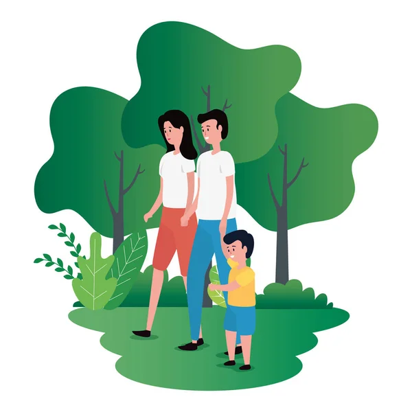 Parents couple with little son on the park characters — Stock Vector