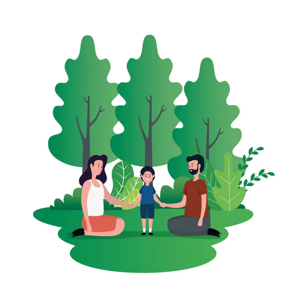 Parents couple with little son on the park characters — Stock Vector