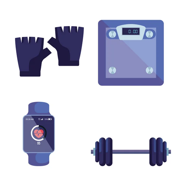 Ensemble de gants avec peseuse et smartwatch avec poids — Image vectorielle