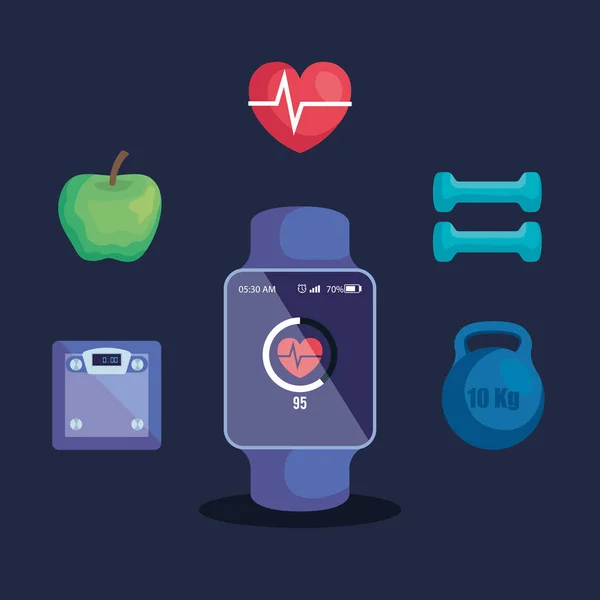 Sada smartwatchu s jablkem a tlukot srdce s činkami — Stockový vektor