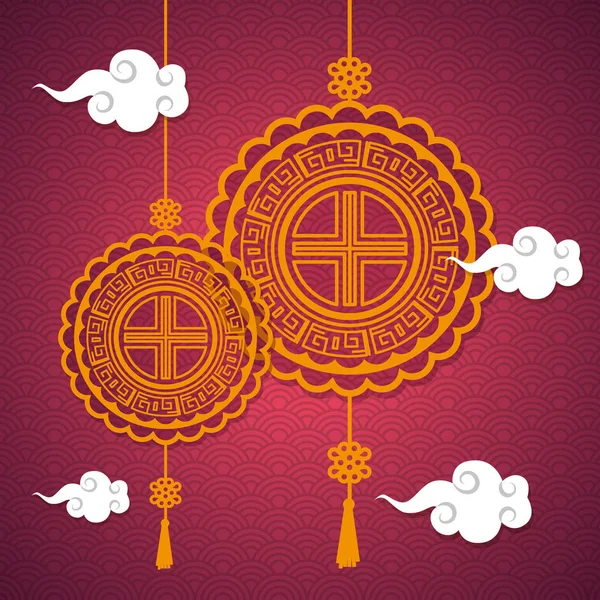 Chinese decoration hanging with clouds over pink background — Stock Vector